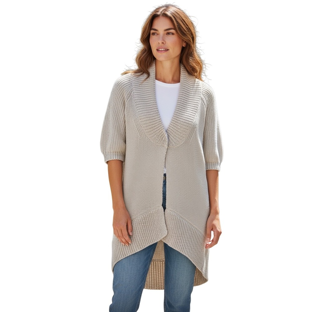 Theory Shawl Collar Cardigan Sweater Beige Short‎ Sleeve Asymmetrical Hem S P